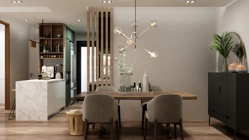 Modern dining room featuring wooden table grey chairs gold ceiling light and marble kitchen island