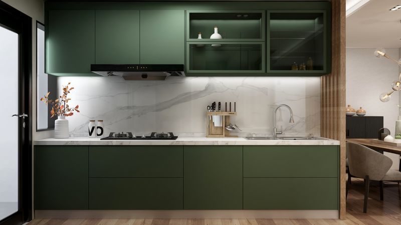 Modern Minimalist Kitchen with Deep Green Cabinets