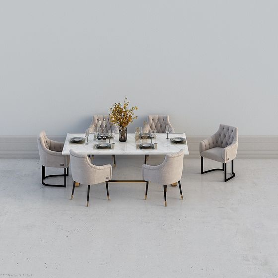 Elegant Marble Dining Table and Leather Chairs 3D model