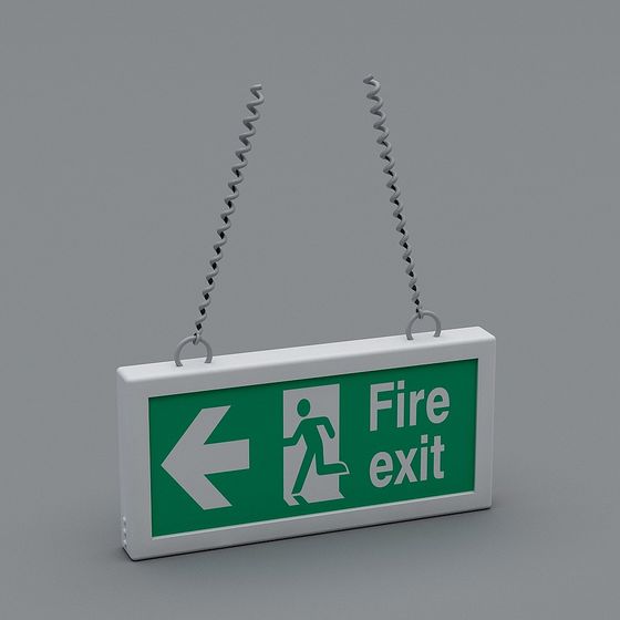 Green and white fire exit sign with arrow icon hanging on grey background