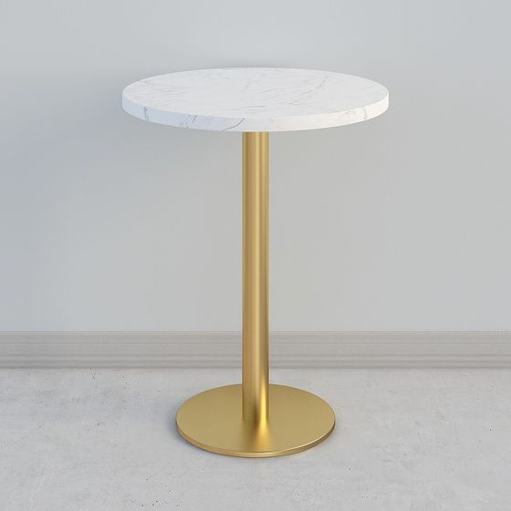 Modern round side table with white marble top and gold metal base on grey background