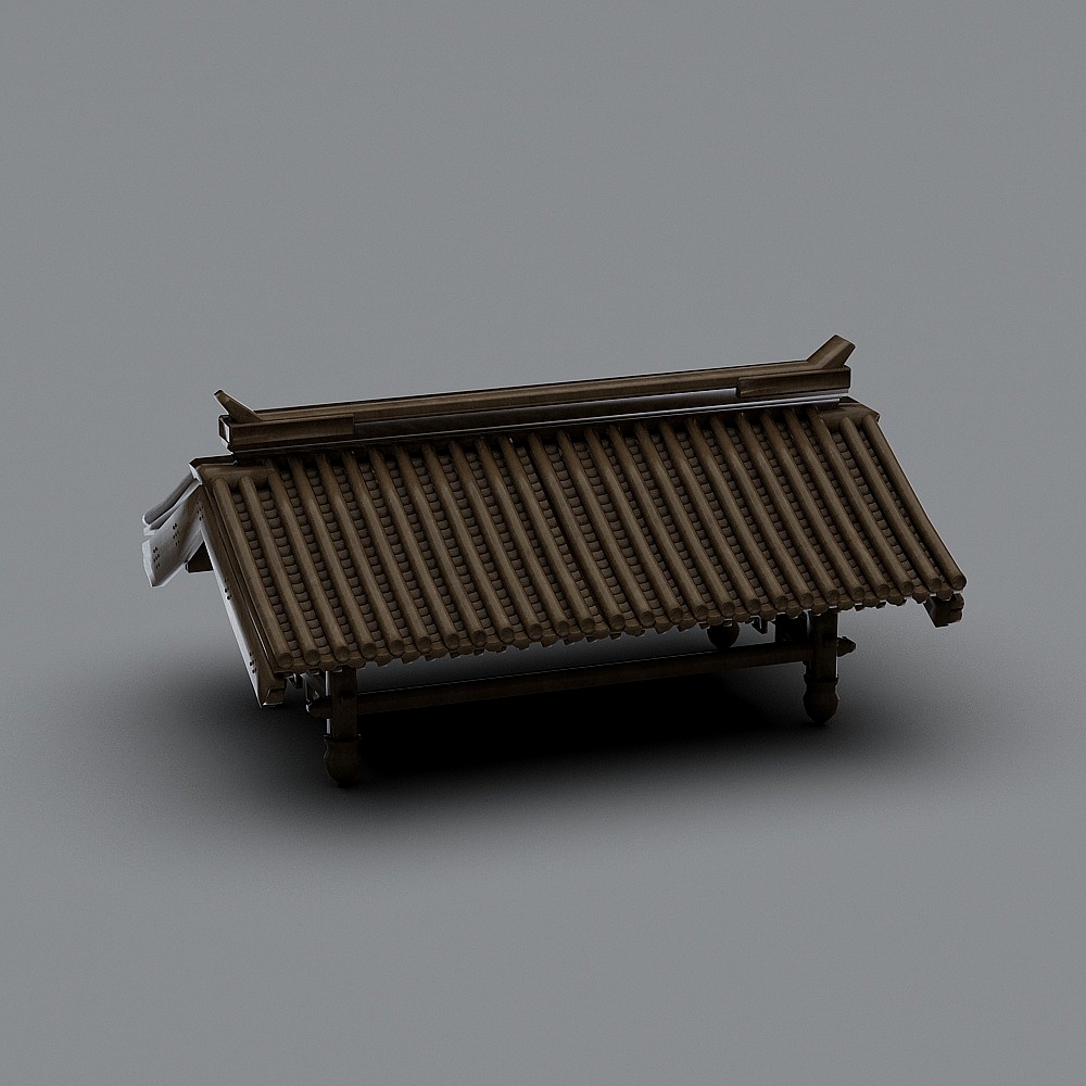 Traditional dark brown wooden roof structure with curved tiles and decorative ridge on grey background