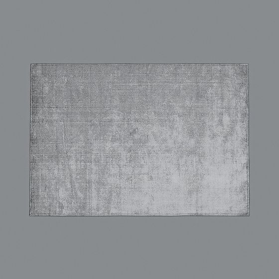 Modern rectangular light grey textured rug with vertical lines on grey background