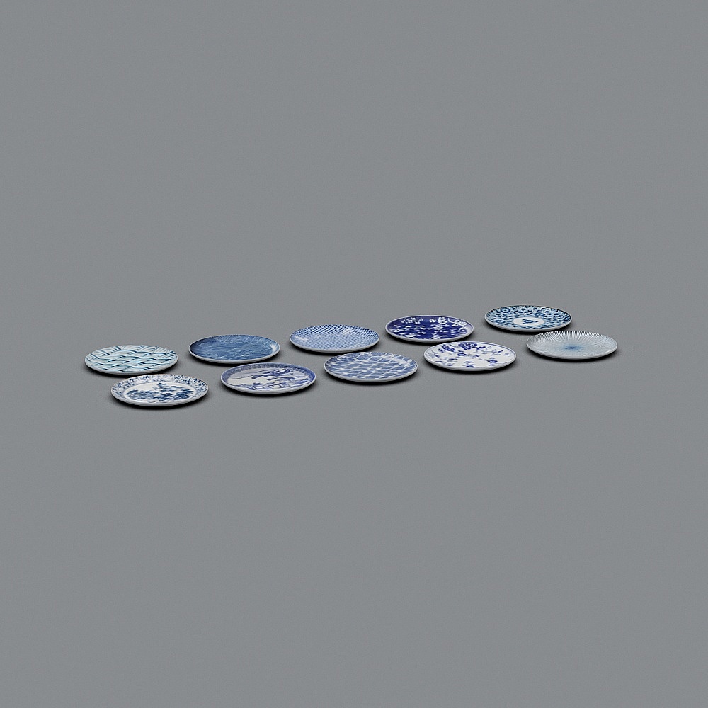 Exquisite Blue and White Porcelain Plate Set 3D model