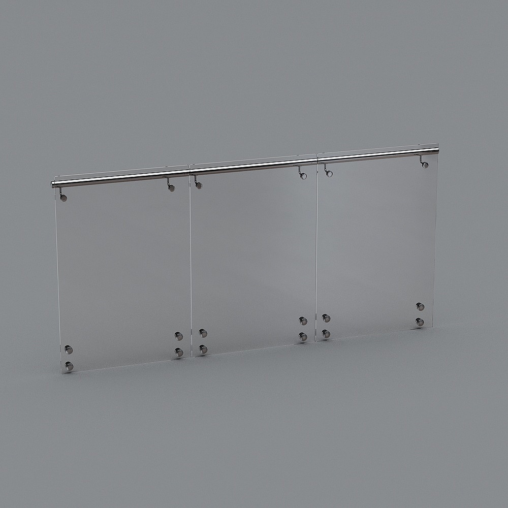 Modern clear glass railing with silver metal handrail and steel bolts on grey background