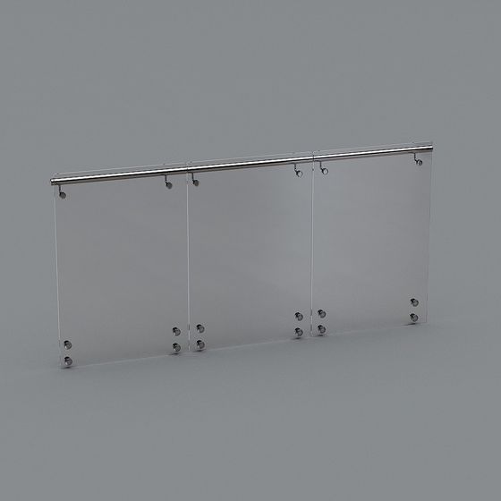 Modern clear glass railing with silver metal handrail and steel bolts on grey background