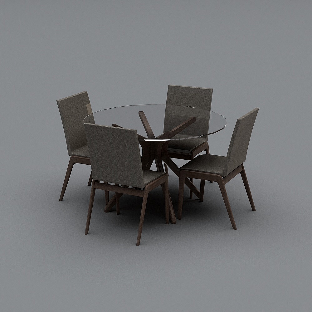 Modern round glass dining table with four grey fabric chairs on grey background