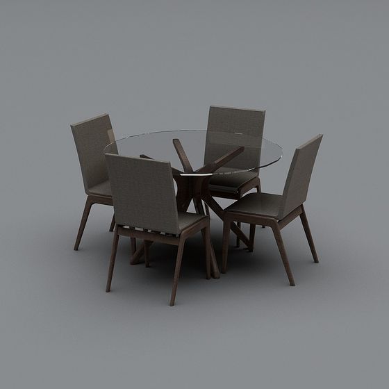 Modern round glass dining table with four grey fabric chairs on grey background