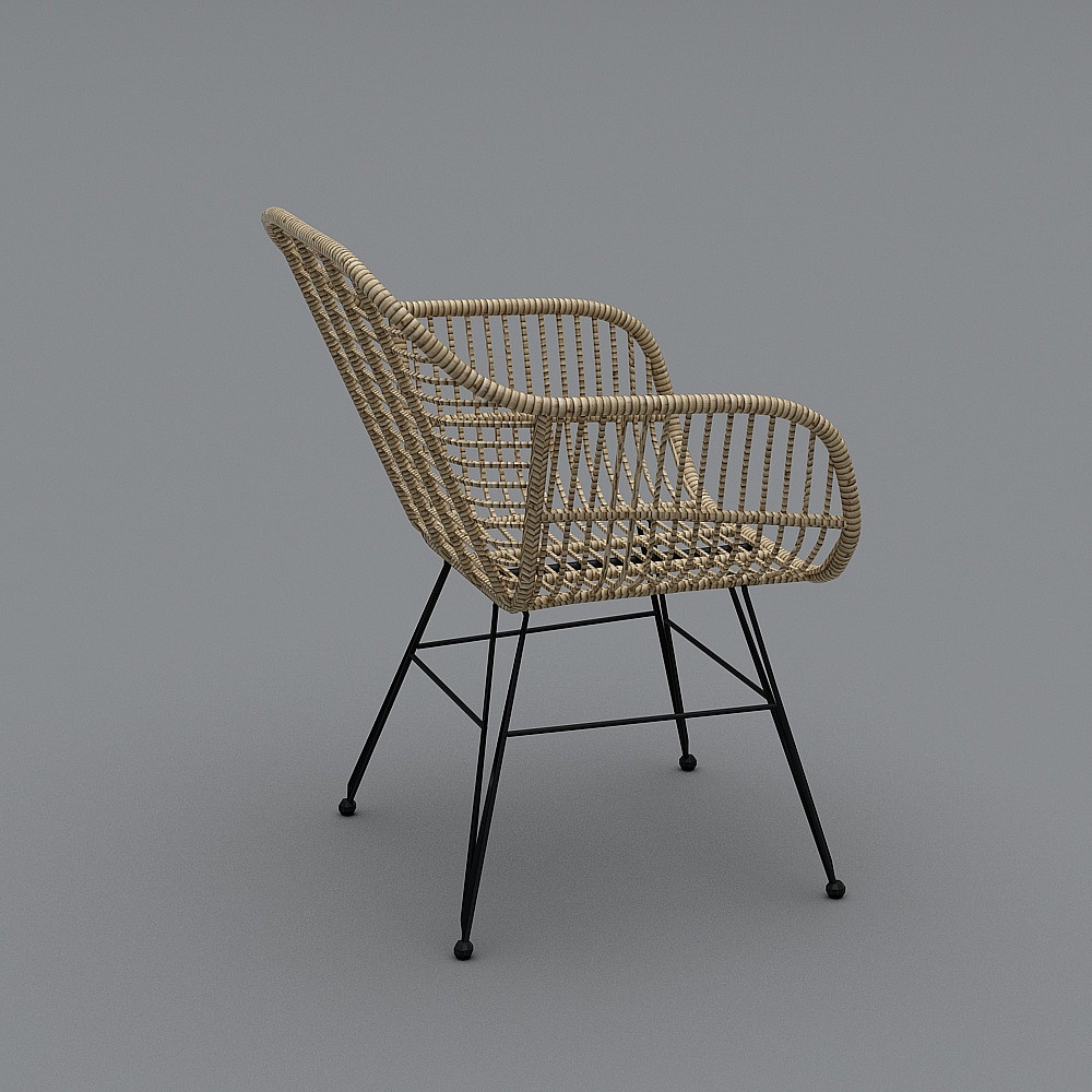 Modern beige woven rattan armchair with black metal legs on grey background