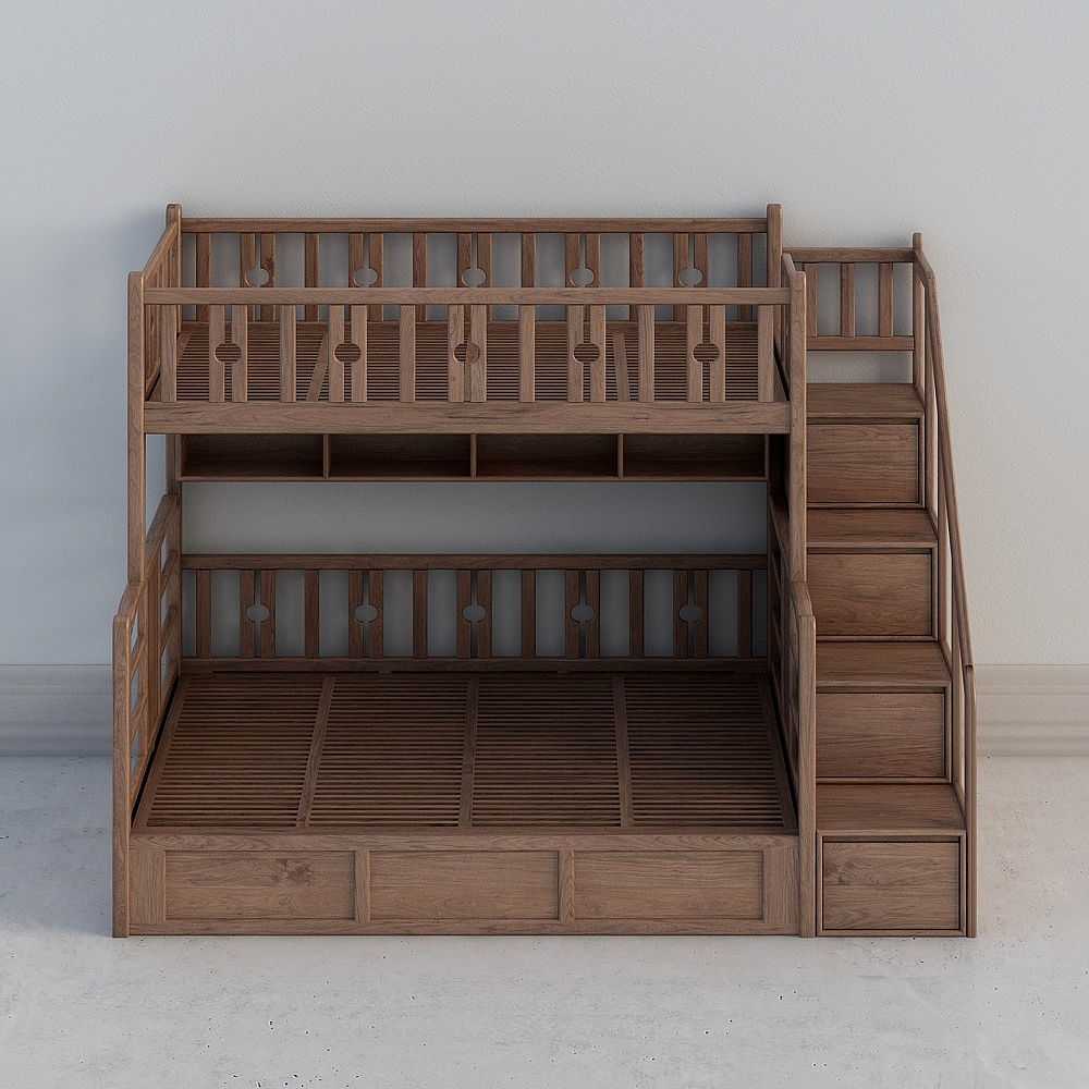 黑胡桃 ETC-02 兒童棕色雙層床 001(樓梯)