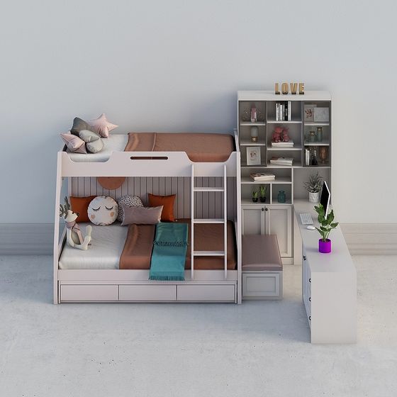 Stylish Bunk Bed with Bookshelf Combo 3D model