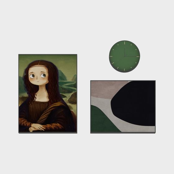 Wall art set with green clock and abstract canvas on white background