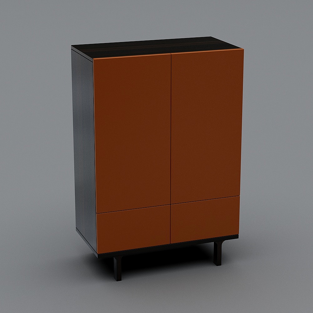 Modern brown leather cabinet with black frame and four legs on grey background