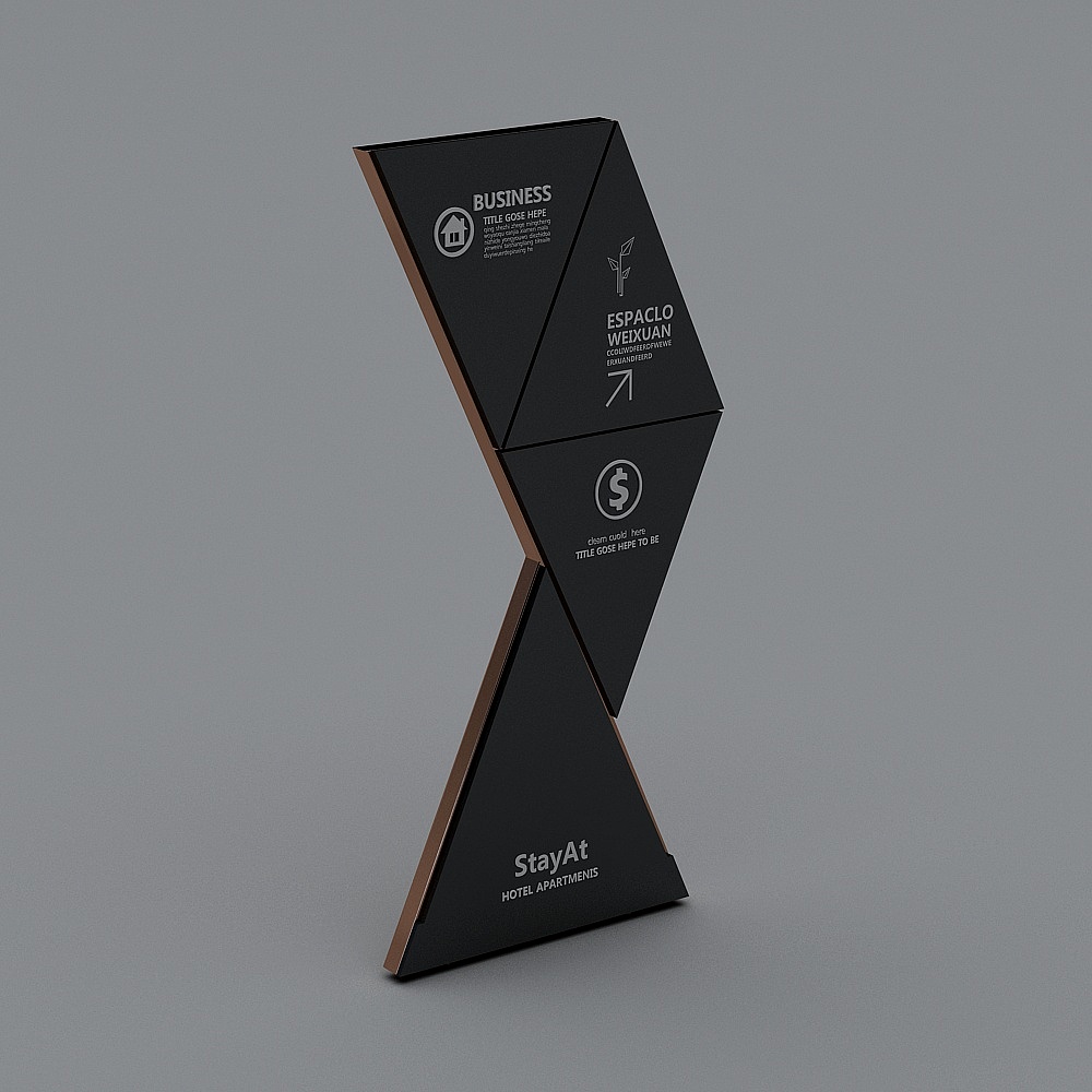 Modern black triangular sign with white text and copper edges on grey background