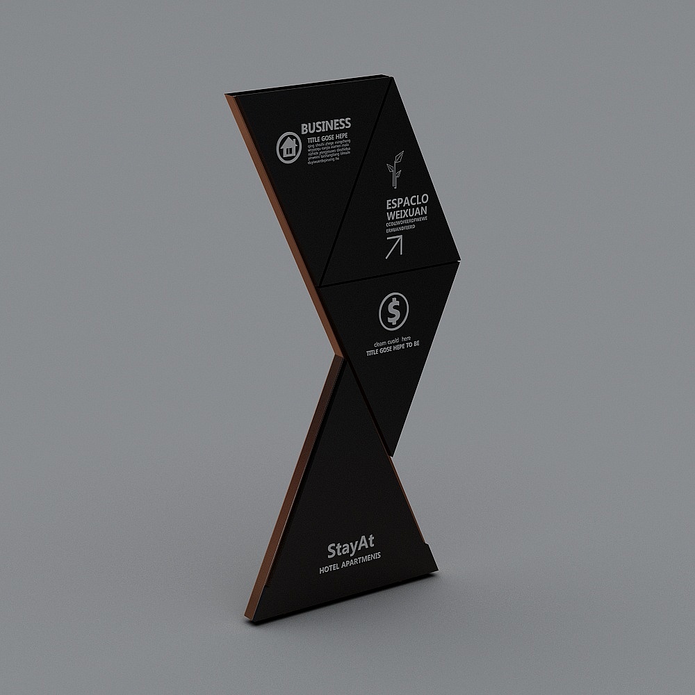 Modern black geometric sign with wood trim and white text on grey background