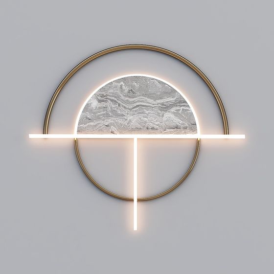 Modern round wall light with gold frame and white marble texture on grey background