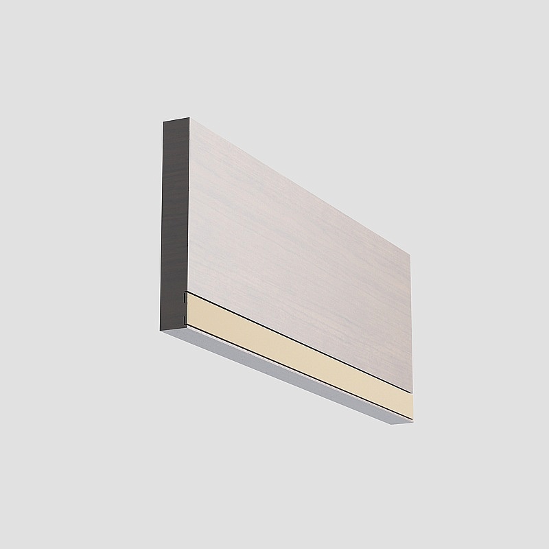 Modern rectangular wall light with wood surface and black side panel on grey background