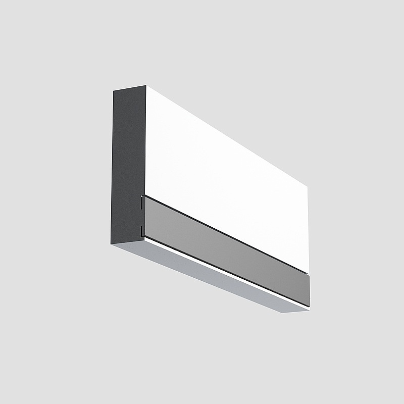 Modern white sliding glass door with black metal frame and handle on grey background
