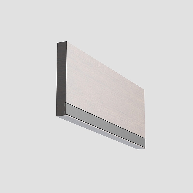 Modern wall light with white wood surface and matte black metal frame on grey background