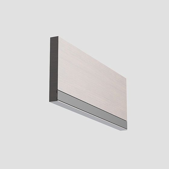 Modern wall light with white wood surface and matte black metal frame on grey background