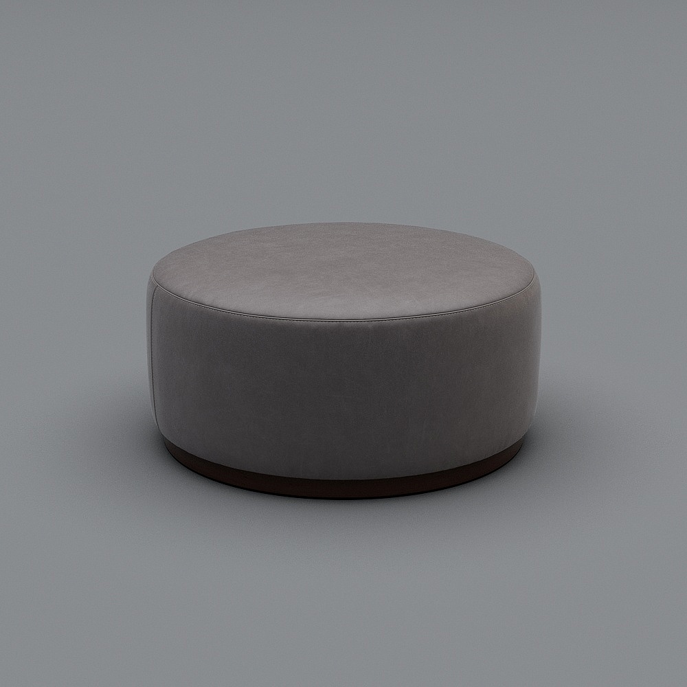 Round grey fabric ottoman with dark wood base on grey background