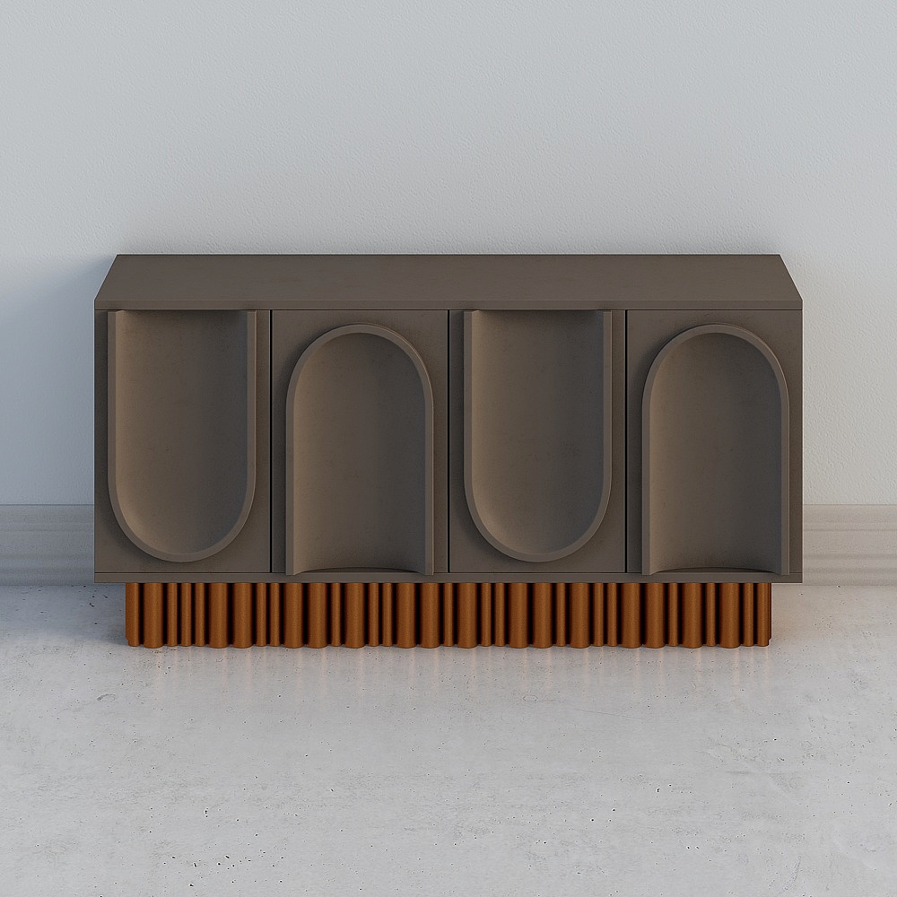 Modern brown cabinet with four arched doors and copper base on white background