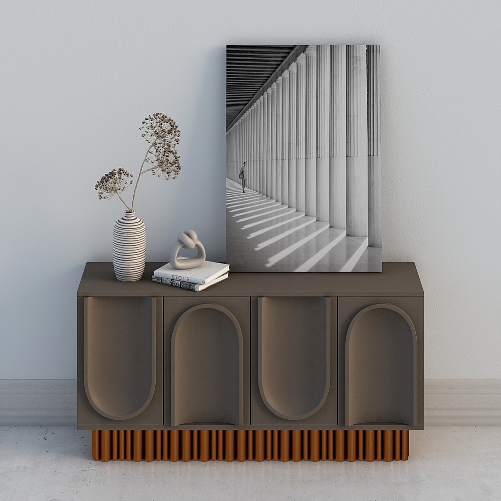 Brown modern cabinet with arched doors and wood base on grey background