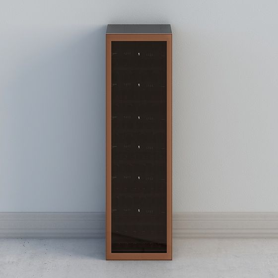 Tall brown wine cabinet with glass door and black top on white wall background