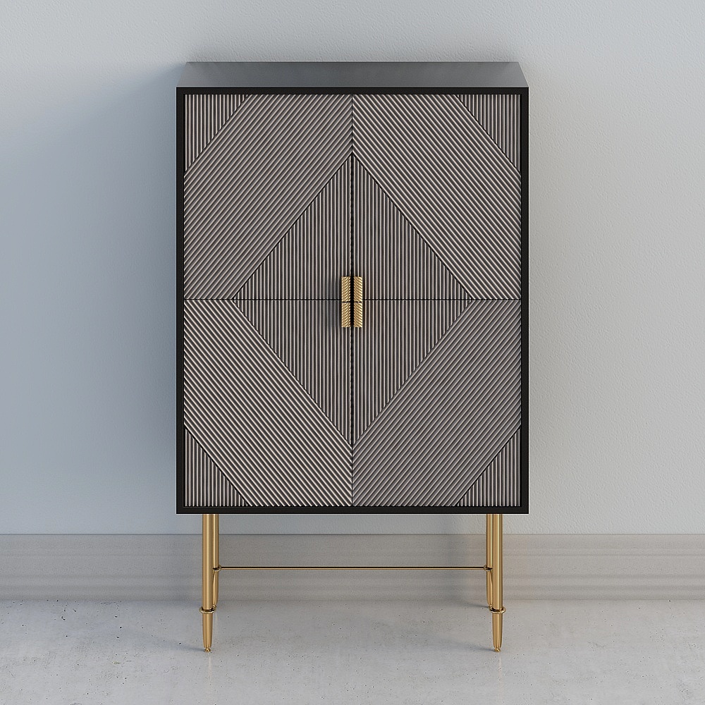 Modern black cabinet with grey striped doors and gold legs on light grey background