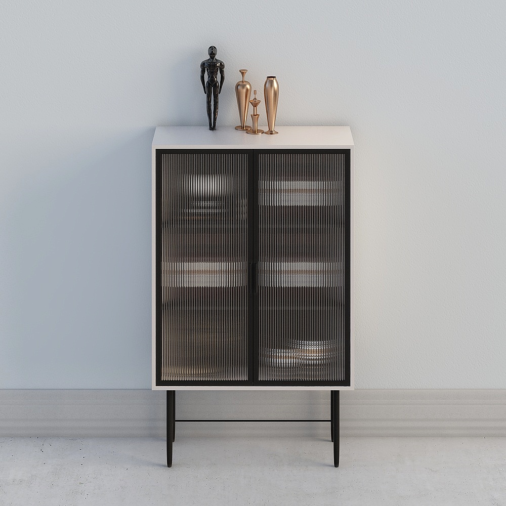 Modern white cabinet with black fluted glass doors and gold decor on grey background