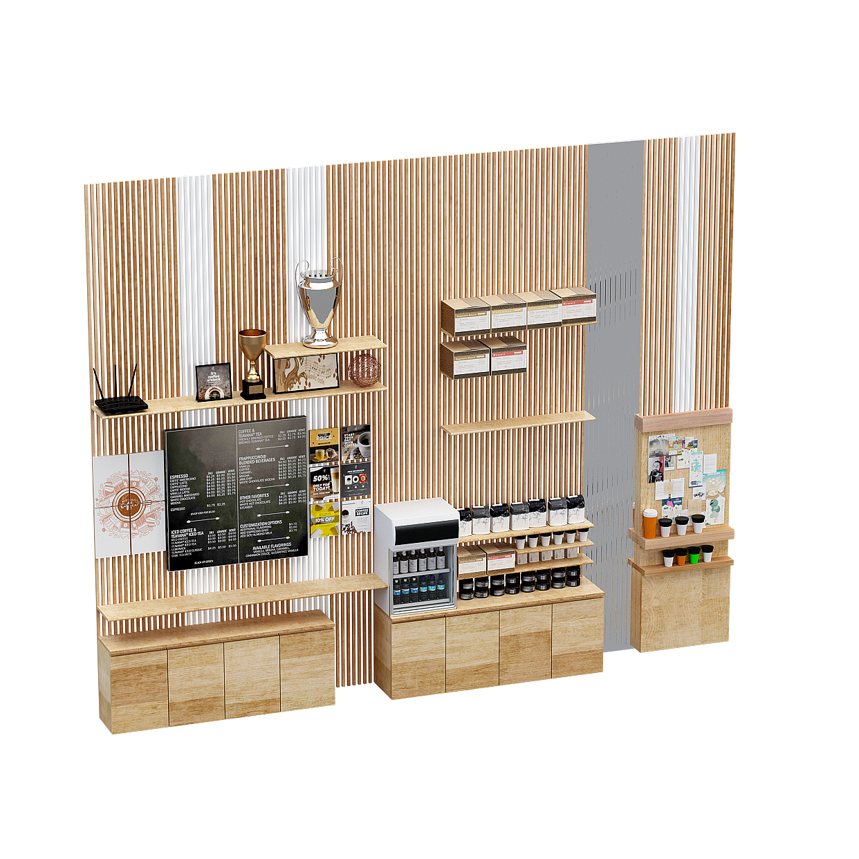Modern Coffee Shop 3D Model – Low-Poly Wooden Interior