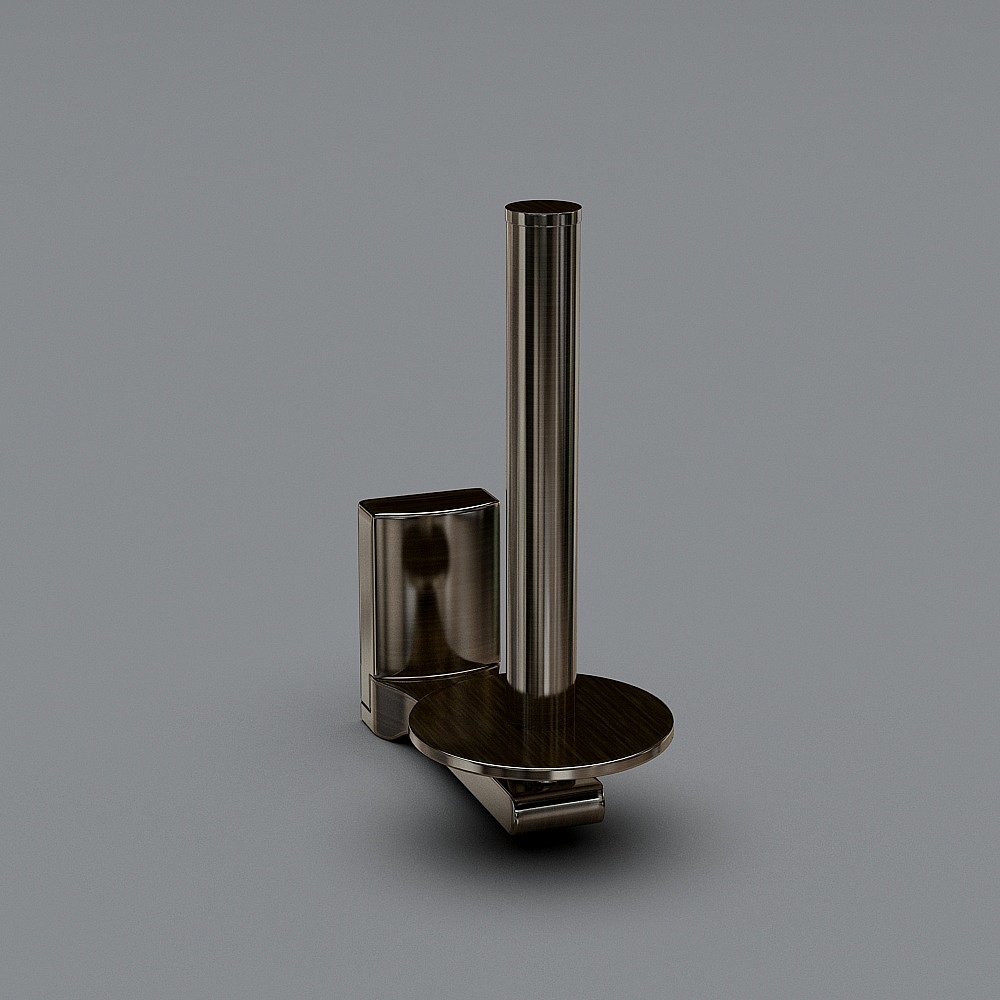 Modern dark metal toilet paper holder with vertical pole and round base on grey background