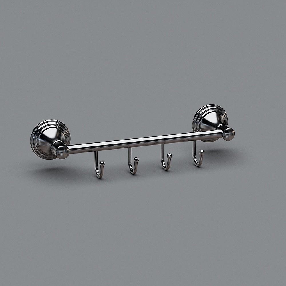 Silver metal towel bar with four hooks and round wall mounts on grey background