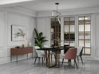 Elegant dining room with black marble table pink and grey chairs brown cabinet and light