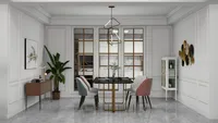Modern dining room with black table, colorful chairs, white wall panels, and decorative ceiling light