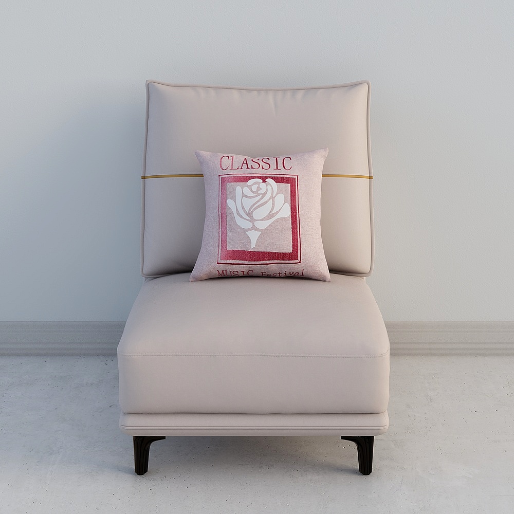 Beige fabric armchair with decorative pillow featuring red rose design and black legs on white background