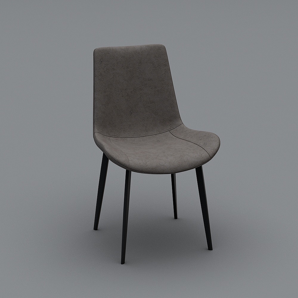 Modern grey upholstered dining chair with black metal legs on grey background