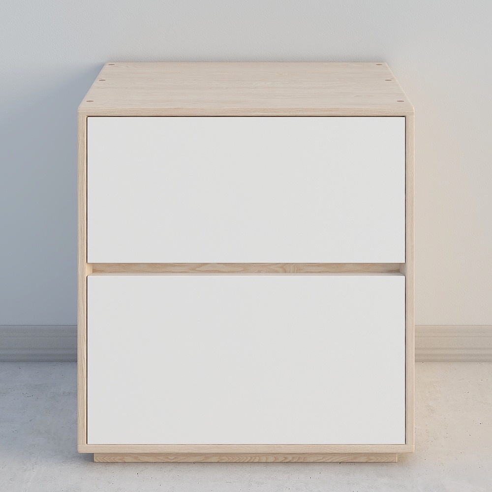 Modern light wood cabinet with two white drawers on grey background