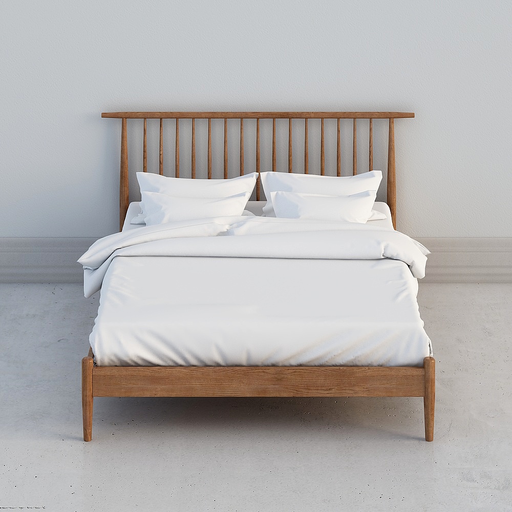 Modern light brown wooden bed with white bedding on grey background