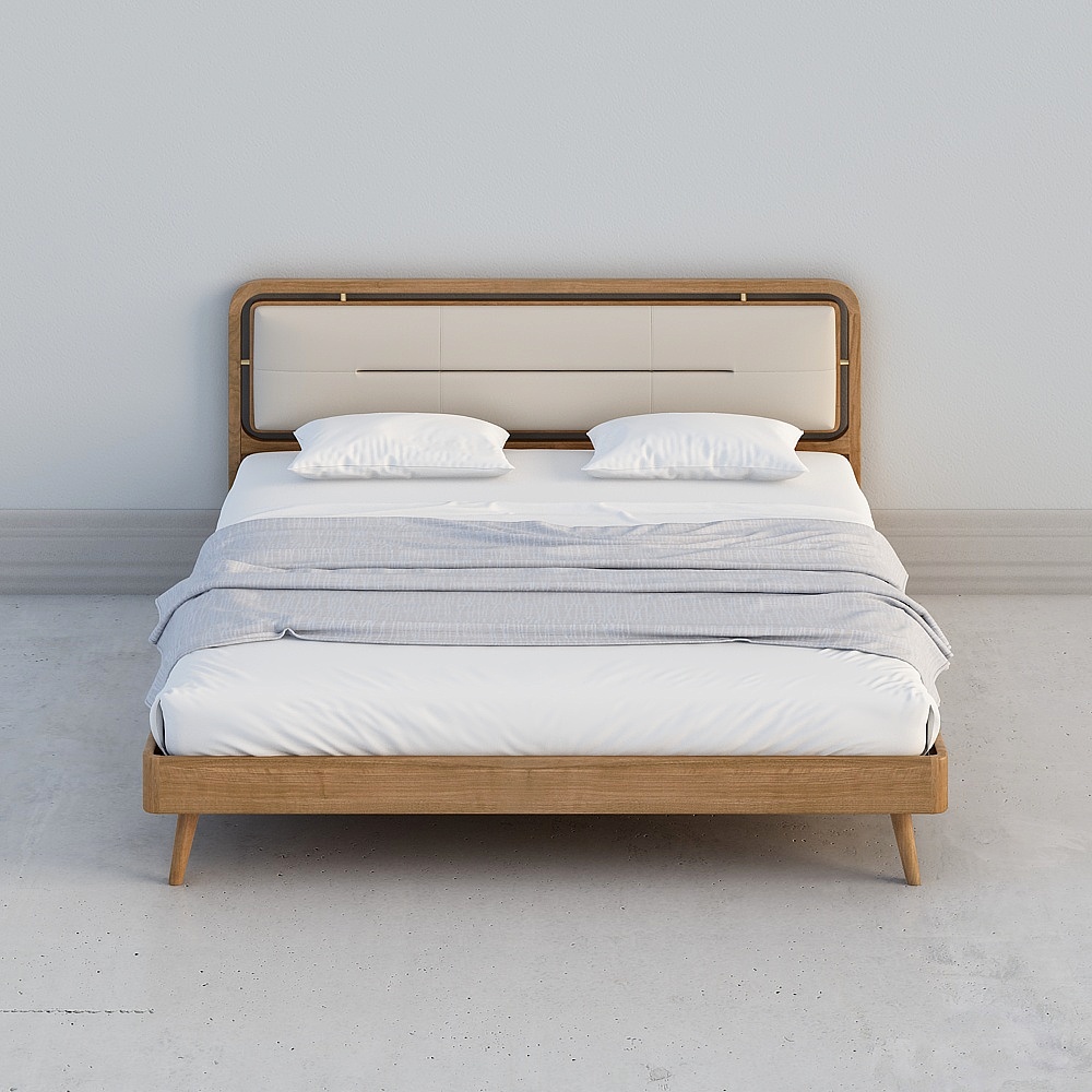 Modern king size bed with wooden frame and cream headboard on grey background