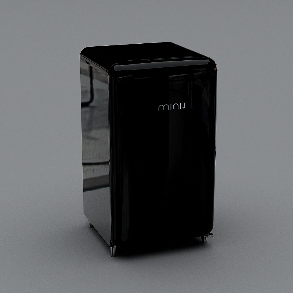 Modern glossy black mini refrigerator with silver feet and white logo on grey background