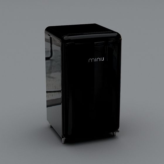 Modern glossy black mini refrigerator with silver feet and white logo on grey background