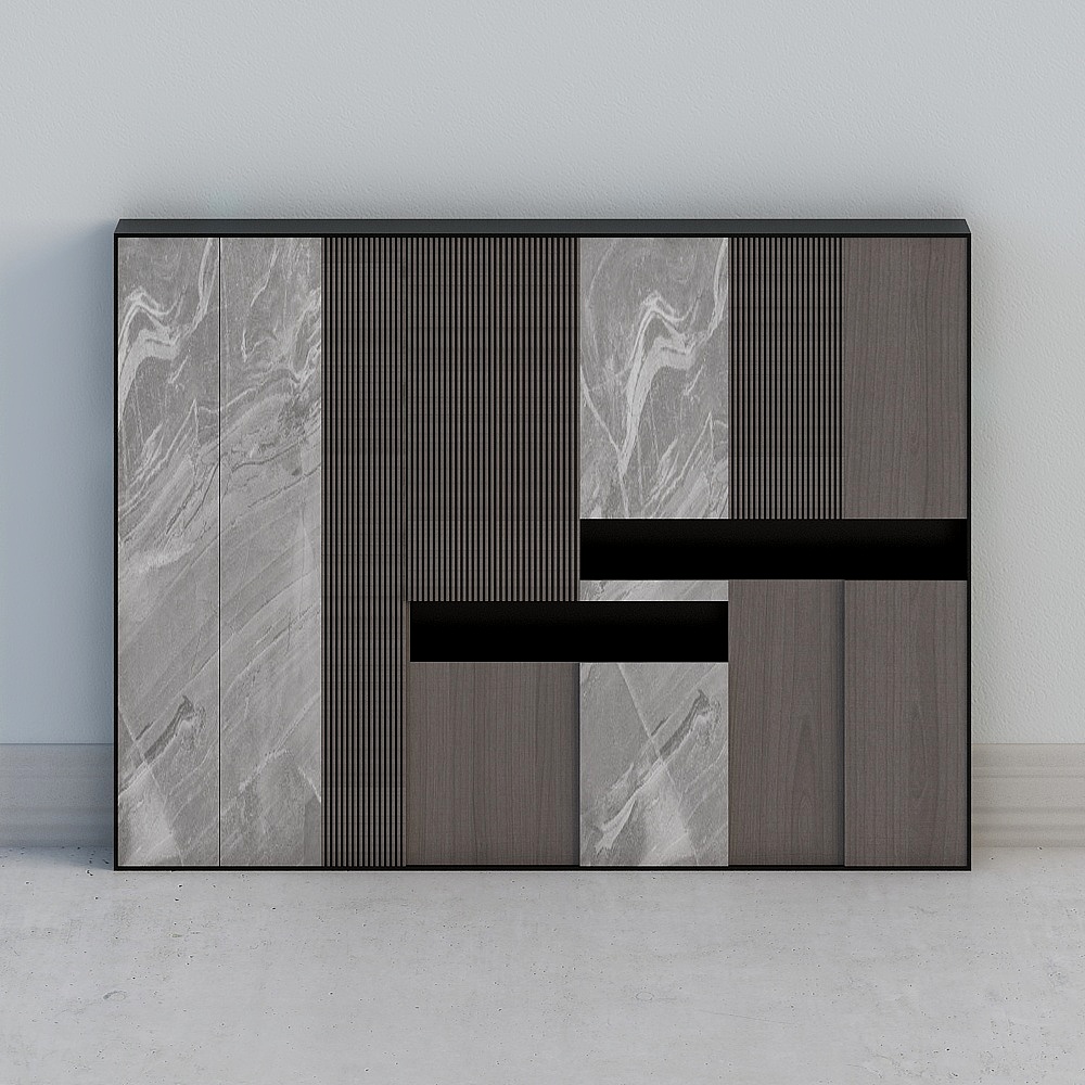 Modern cabinet with marble and wood panels on grey background