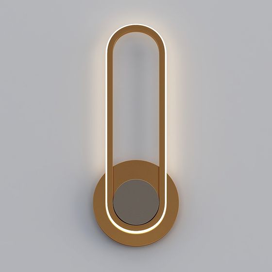 Modern gold metal wall light with glowing loop and round base on grey background