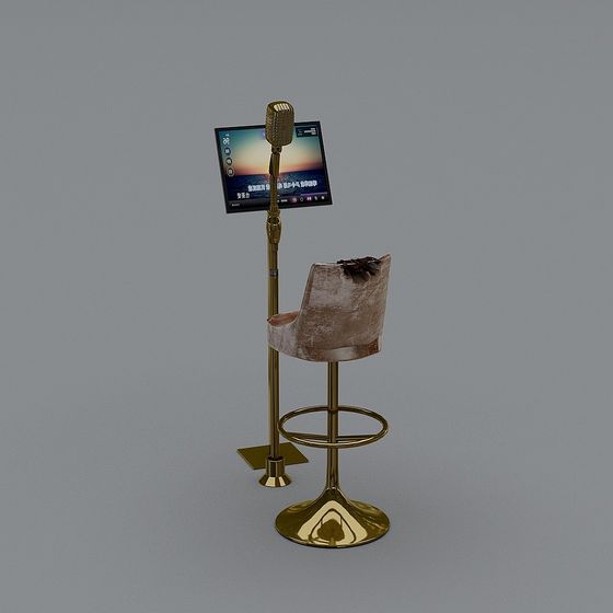 Retro Golden Microphone and Suede Bar Stool 3D model