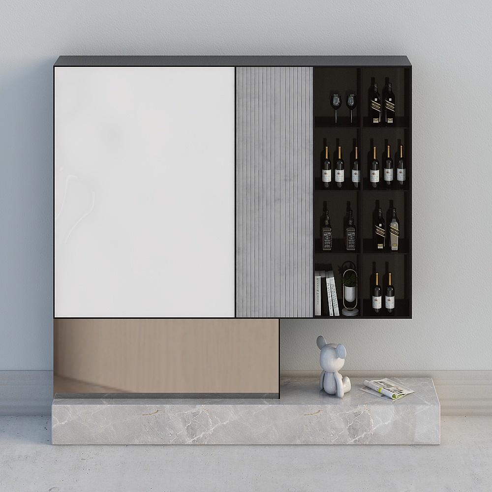 Modern minimalist villa living room and dining room-wine cabinet