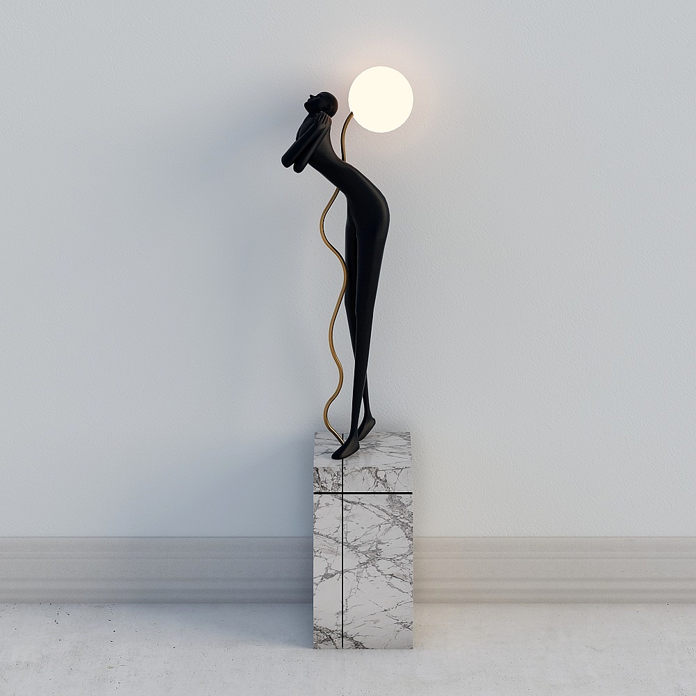 Modern black metal figure wall light with round bulb on white marble block against white wall background