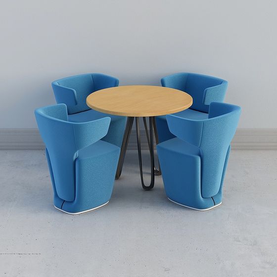 Stylish Blue Round Table with Four Chairs 3D Model