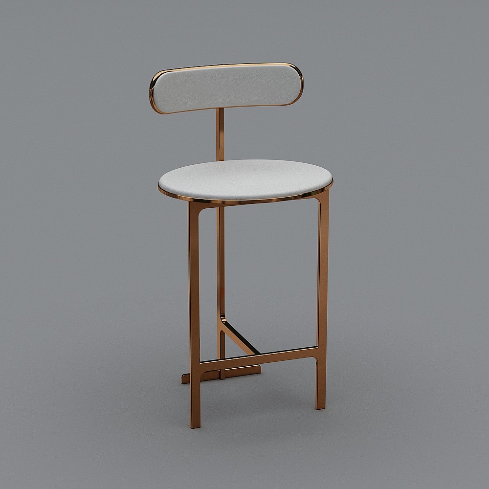 Modern tall bar stool with white seat and backrest on gold metal frame on grey background