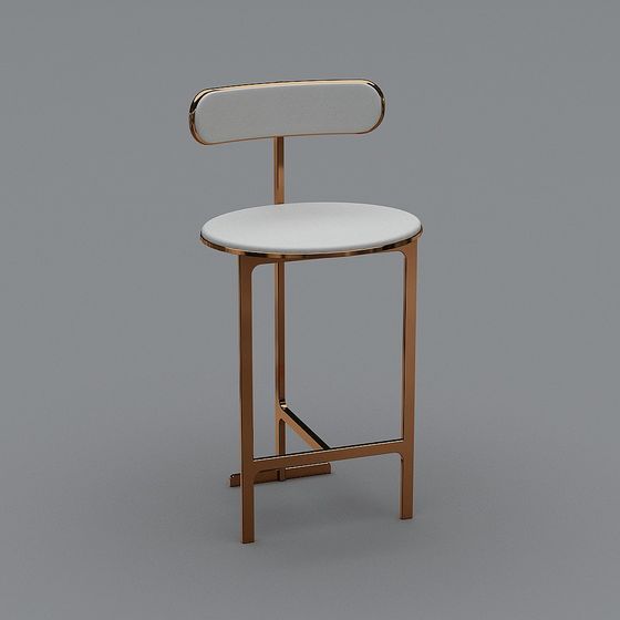Modern tall bar stool with white seat and backrest on gold metal frame on grey background